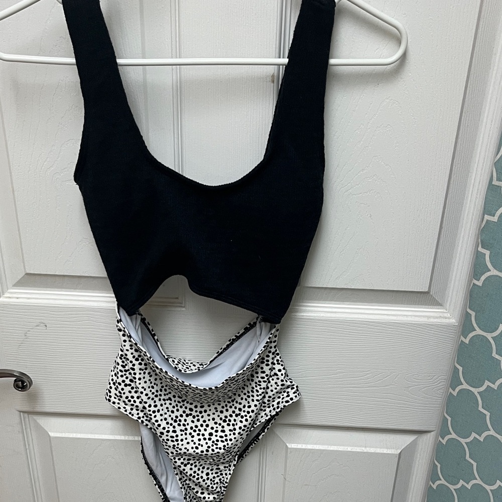 SHEIN Black Top with Black & White Polka Dot One-Piece Swimsuit